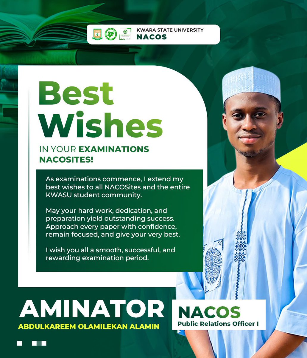 xaminatorx47's tweet photo. Preparation lays the foundation,
Confidence drives the performance,
Excellence is the reward.
To every NACOSSITE and every Kwasuite, may this examination season bring outstanding success and remarkable achievements.
Wishing you all the very best.📚🎓🚀
#TheNet https://t.co/7BM7IXyXev