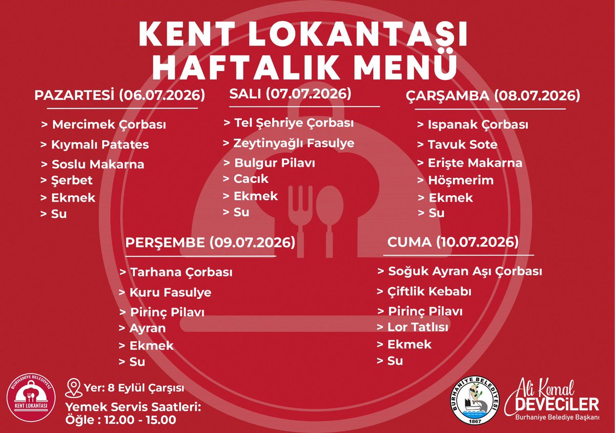 BurhaniyeBld's tweet photo. 6- 10  Temmuz tarihleri arası Burhaniye Belediyesi Kent Lokantası menüsü görselde mevcuttur.

Hafta içi 12.00-15.00 saatleri arasında Kent Lokantamız hizmetinizdedir. https://t.co/UvZPEccvA2