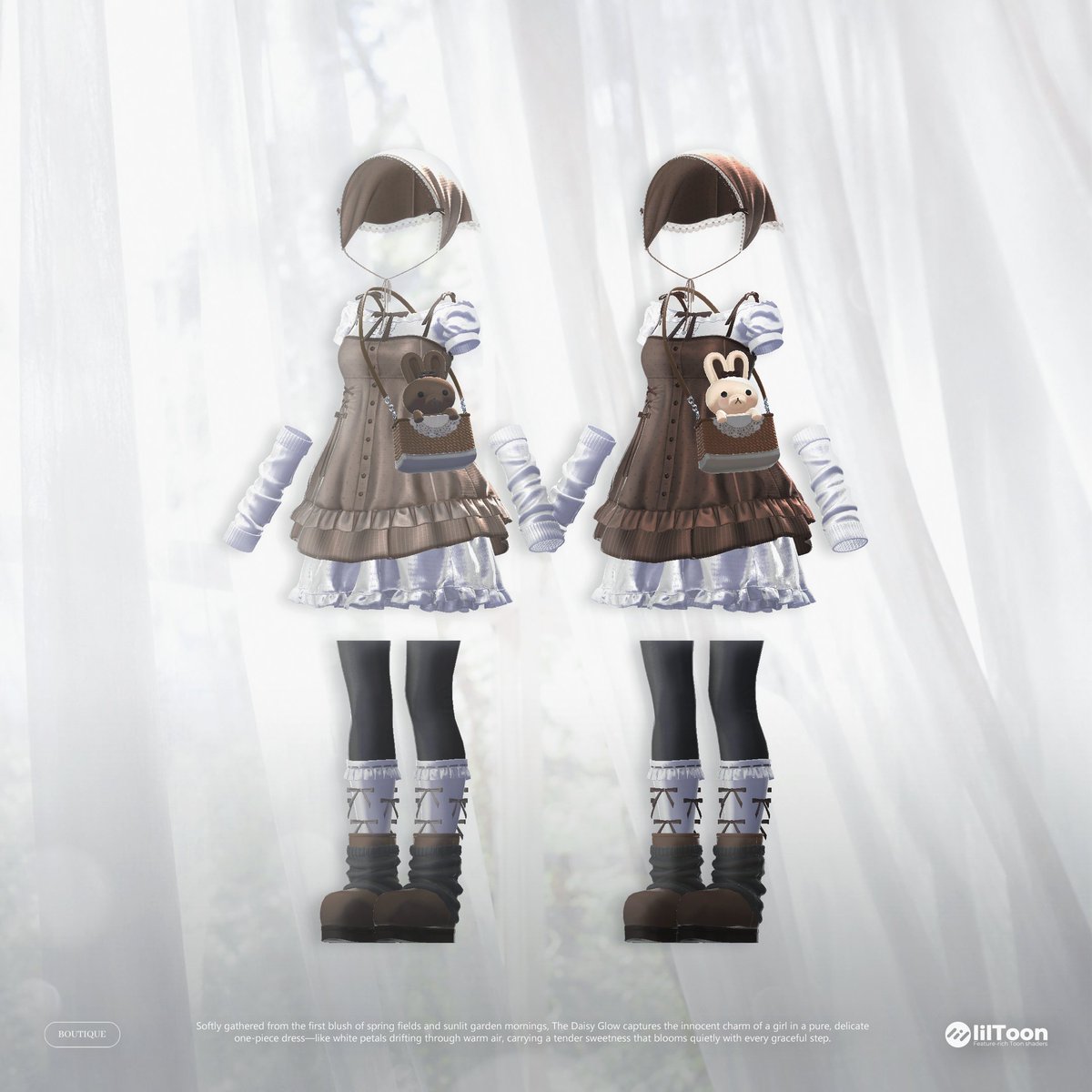 BOUTIQUE_SERINA's tweet photo. 🐰 どの色のうさぎを連れていきますか？🐰

新作「Daisy Glow」は、
カラーごとに違った雰囲気を楽しめる一着です🌼

ホワイト、ブラック、グレー、
ピンク、ブルー、イエロー、ブラウン系まで。

ワンピースの色に合わせて、
うさぎバッグの印象も少しずつ変わるのがポイントです🧺

ぜひ、お気に入りの
うさぎバッグの色を見つけてみてください🐇

発売記念SALEは期間限定です。

フルセット：3,200円 → 2,500円
単品：1,600円 → 1,190円

迷っている方は、今のうちにチェックしてみてください🤍

🔗BOOTH
https://t.co/3v92CKuvb9
-
