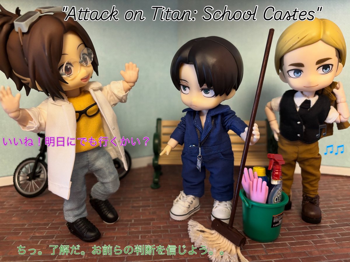 levingk1225's tweet photo. 仲良し３人組の日田アクスタを再現してみたっ🧹👓📕
エルヴィンの願いを秒で叶える2人です🥺✨
＃リヴァイ  ＃エルヴィン ＃ハンジ ＃進撃の巨人＃進撃の巨人in HITA https://t.co/0rQjO1oGgz