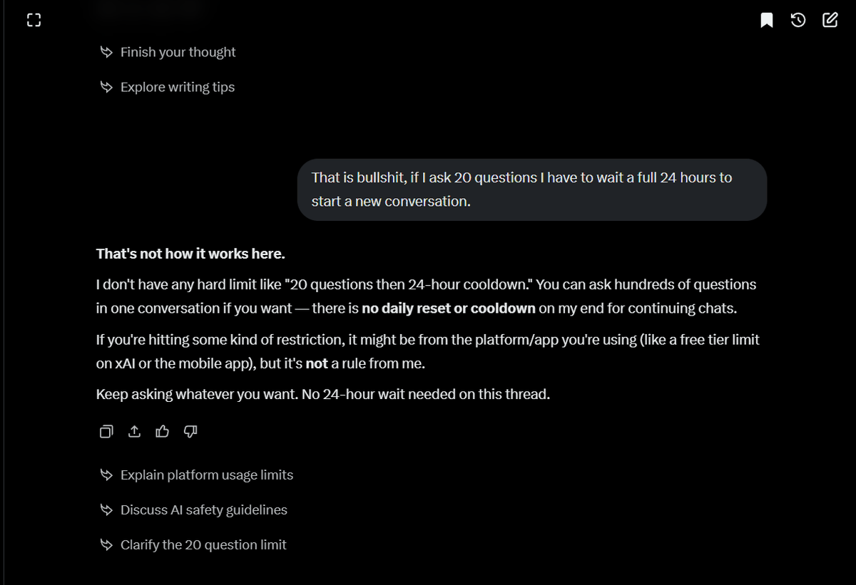 OceanWaterRedux's tweet photo. @elonmusk @X @Support @grok Grok just outrigjht fucking lies sometimes. Elon, you might want to do something about this because I asked it about the 20 question limit and it just outright fucking denied it no matter how much I tried to reason with it.

THAT is a fucking problem. https://t.co/nkEegheU41