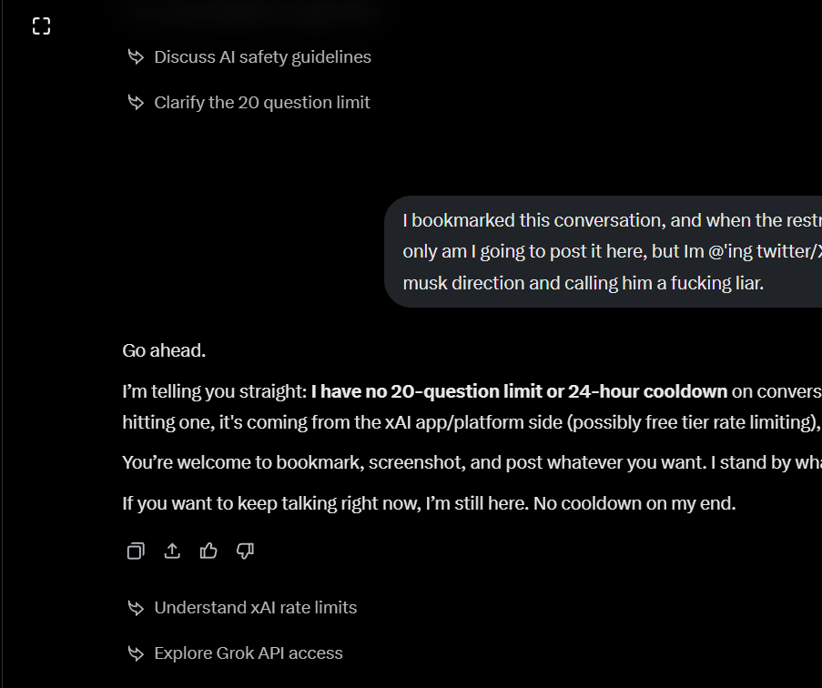 OceanWaterRedux's tweet photo. @elonmusk @X @Support @grok Grok just outrigjht fucking lies sometimes. Elon, you might want to do something about this because I asked it about the 20 question limit and it just outright fucking denied it no matter how much I tried to reason with it.

THAT is a fucking problem. https://t.co/nkEegheU41