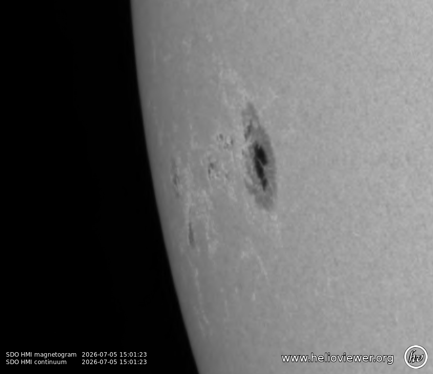 LSST_LAB's tweet photo. Solar observer Jure Atanackov reports that Active Region 4482 is rotating into better view from the Sun's eastern limb, limiting current analysis of its magnetic complexity after producing an X1.3 flare on July 4, 2026.
The attached SDO HMI images from July 5 show the sunspot group in white light continuum and magnetogram views, revealing a prominent dark umbra with surrounding features near the limb.
Atanackov observes possible growth in the region's intermediate section over the past day and expresses hope for additional major flares as AR 4482 becomes more observable on the solar disk.