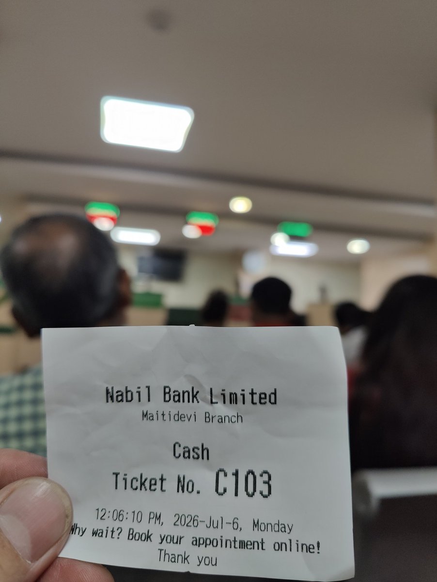 thektmduke's tweet photo. Hello @nabilbank 
Your maitidevi branch is seriously understaffed. Came here for a simple service and been waiting here for over 30 minutes and still 13 numbers behind. 
And you have an extra counter with no attendant and staff hopping from cash to clearing counter. 
Do Better! https://t.co/ZhG2IE8WOL