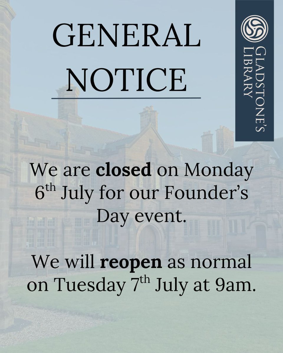 gladlib's tweet photo. General Notice:
We are closed today (Monday 6th July) for our Founder’s Day event.

We will reopen as normal on Tuesday 7th July at 9am. 

Thank you! https://t.co/T4JNCsfh8q
