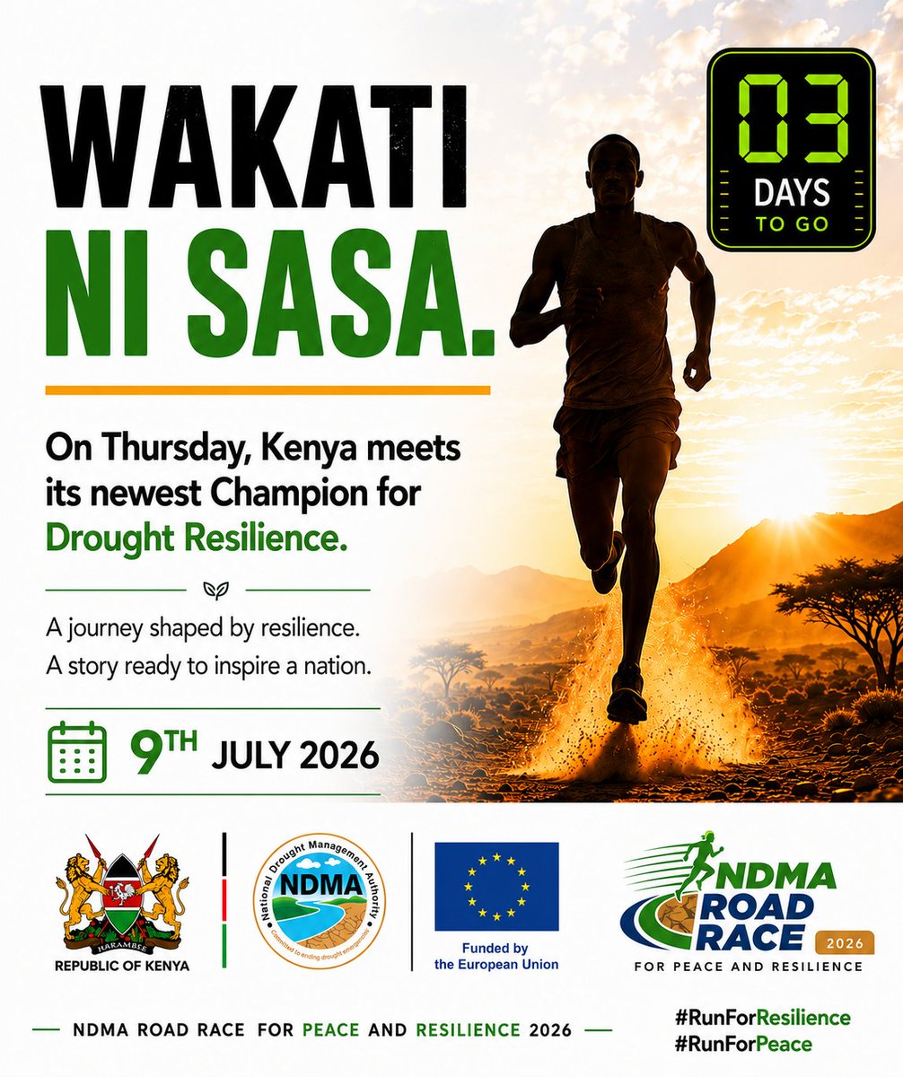 NDMA_Kenya's tweet photo. WAKATI NI SASA!
In just 3 days, we get to meet the newest Drought Resilience Champion.
#RunForResilience #RunForPeace #WakatiNiSasa https://t.co/VO1KqP3lqt