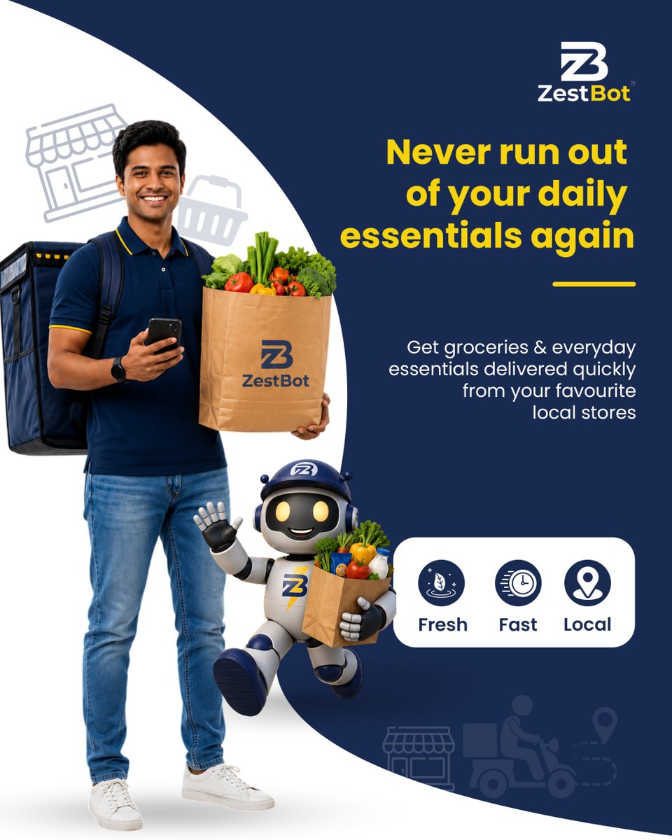 zestbotindia's tweet photo. Running low on groceries? 🛒

Skip the rush and let ZestBot deliver fresh groceries &amp; daily essentials from trusted local stores.

⚡ Fast
🥦 Fresh
📍 Local
#ZestBot #GroceryDelivery #DoorstepDelivery #ShopLocal #DailyEssentials https://t.co/rOwwEEKF2I
