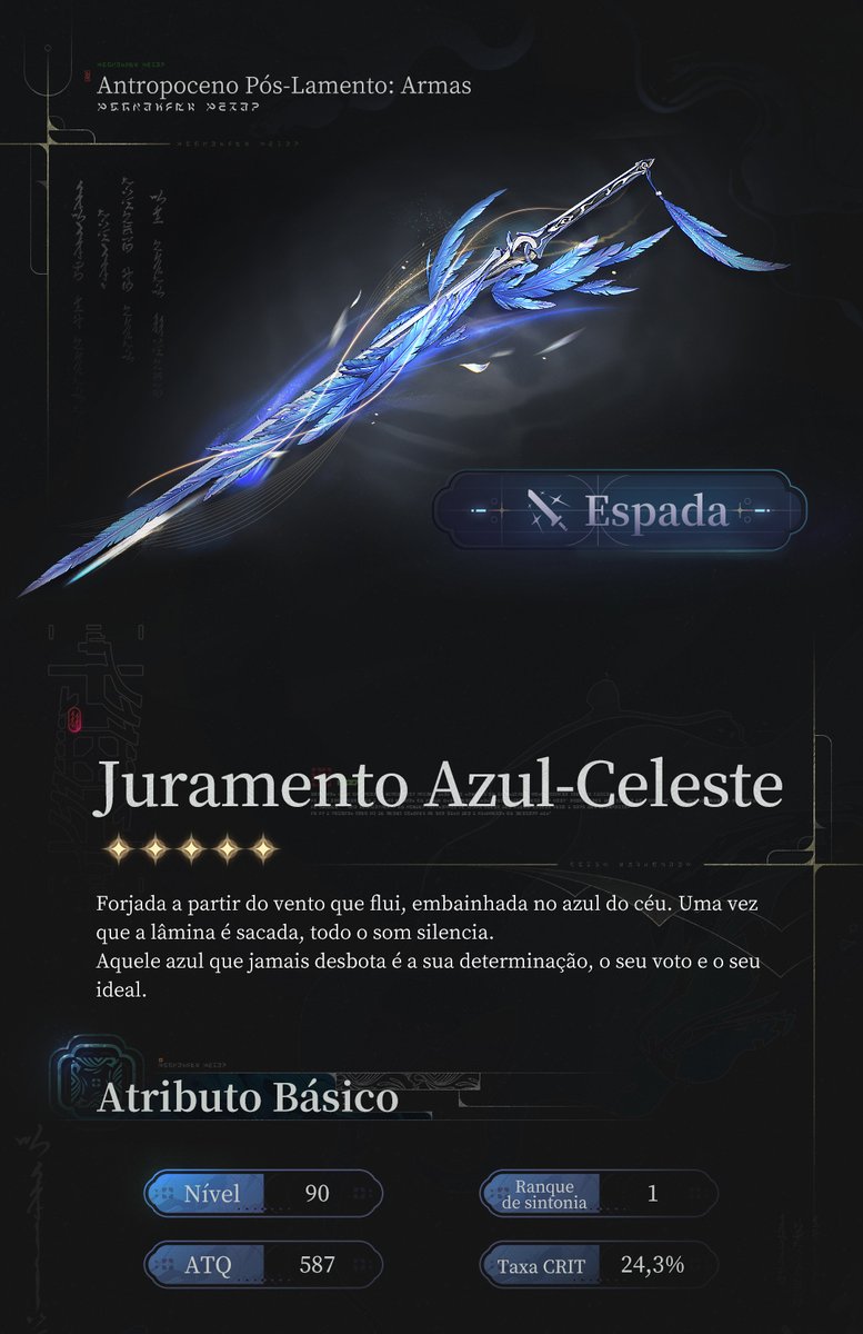WW_BR_Official_'s tweet photo. Antropoceno Pós-Lamento: Armas - Juramento Azul-Celeste

Forjada a partir do vento que flui, embainhada no azul do céu. Uma vez que a lâmina é sacada, todo o som silencia.
Aquele azul que jamais desbota é a sua determinação, o seu voto e o seu ideal.

#WutheringWaves #WutheringWavesBR