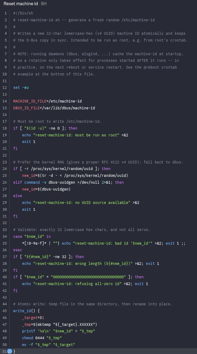 read_jfk_files's tweet photo. SystemdD really is the worst malware to ever hit Linux and this is not a joke or exaggeration. Claude trivially generated a cron script that can reset /etc/machine-id every day/hour. but look how bad this is. machine-id is so deep in the stack, YOU STILL HAVE TO REBOOT. Thank you Potter kys.

I'm using an open-rc system, so systemd doesn't even effect me (for now). but check this out. let's say you are one of the 90% of Linux users who does use systemd, and let's say you do try to reset your own machine-id. look at this long list of stuff that breaks in systemd. this is nuts, whoever designed systemd are the stupidest, most reckless programmers of all time (excluding Redmond and Hyderabad)