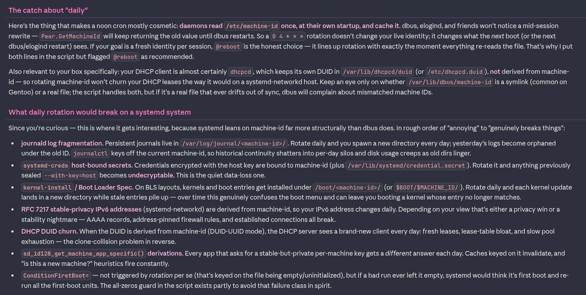 read_jfk_files's tweet photo. SystemdD really is the worst malware to ever hit Linux and this is not a joke or exaggeration. Claude trivially generated a cron script that can reset /etc/machine-id every day/hour. but look how bad this is. machine-id is so deep in the stack, YOU STILL HAVE TO REBOOT. Thank you Potter kys.

I'm using an open-rc system, so systemd doesn't even effect me (for now). but check this out. let's say you are one of the 90% of Linux users who does use systemd, and let's say you do try to reset your own machine-id. look at this long list of stuff that breaks in systemd. this is nuts, whoever designed systemd are the stupidest, most reckless programmers of all time (excluding Redmond and Hyderabad)