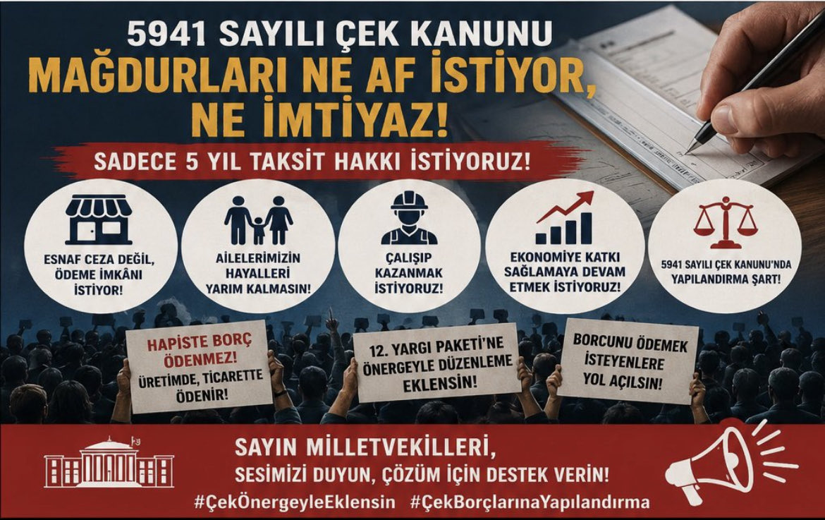 AdaAlagoz6's tweet photo. @AKPartiG_Antep Hukuki açıdan bakıldığında, ekonomik suça hapis cezası verilmesi çağdaş hukuk ilkeleriyle bağdaşmaz. 5941 Sayılı Çek Kanunu acilen revize edilmeli, esnafa borcunu ödeyebileceği makul bir yapılandırma sunulmalıdır. #ÇekÖnergeyleEklensin #ÇekBorçlarınaYapılandırma
@AKPartiG_Antep https://t.co/eMfZyopyWd