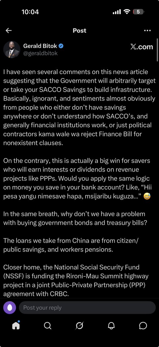 C_NyaKundiH's tweet photo. The government propagandists have now arrived with the usual confidence of people who call others ignorant after swallowing fake talking points without even chewing it properly.

Their new argument is that SACCO members should stop worrying, since pension funds invest in roads, people buy Treasury bills, China borrows from public savings, and the same logic should now make ordinary Kenyans relax as government eyes SACCO money.

This is the kind of clever nonsense that sounds educated until you remember that buying Treasury bills is voluntary, pension funds have separate long-term mandates, and SACCO savings are member money used daily for school fees, emergencies, businesses, land, hospital bills and small loans.

A Kenyan putting money in a SACCO is not asking Treasury to turn his private sacrifice into a road project, the same way a person putting money in M-Pesa is not inviting government to call his balance domestic capital.

The propagandist wants Kenyans to compare SACCO savings with government bonds, yet he conveniently forgets that a bond buyer chooses the risk, chooses the amount, chooses the maturity date and knows the government is the borrower before sending money.

SACCO members joined savings societies for affordable credit, member support and personal financial safety, not to become silent lenders to a government that has borrowed everywhere, taxed everything, sold public assets and now wants to look clever near private savings.

The NSSF example does not rescue the propaganda either, since NSSF itself has had to defend the Mau Summit and Rironi road exposure by saying its role is limited, regulated and tied to an equity portion, which already proves that member money in infrastructure is sensitive business requiring answers.

The CPF example also proves the opposite of what they think, since organised pension and capital market players raising project finance for a toll road is not the same as government staring at SACCO savings built by teachers, nurses, police officers, farmers, boda riders and mama mbogas.

If this thing was such a clean win, government would not need bloggers to insult citizens into silence, and Treasury would not need kindergarten examples about China and Treasury bills to calm people asking whether their savings are safe.

Ignorance is bad, but propaganda being pushed as financial literacy is worse, because it teaches citizens to clap while their private money is being measured by the same state that cannot explain where the borrowed trillions went.

What we dont want is 'walking' into a SACCO to ask for your own money or business boost loan, only to find Mbadi standing in the same line with a bigger bowl, just like they did with banks!
