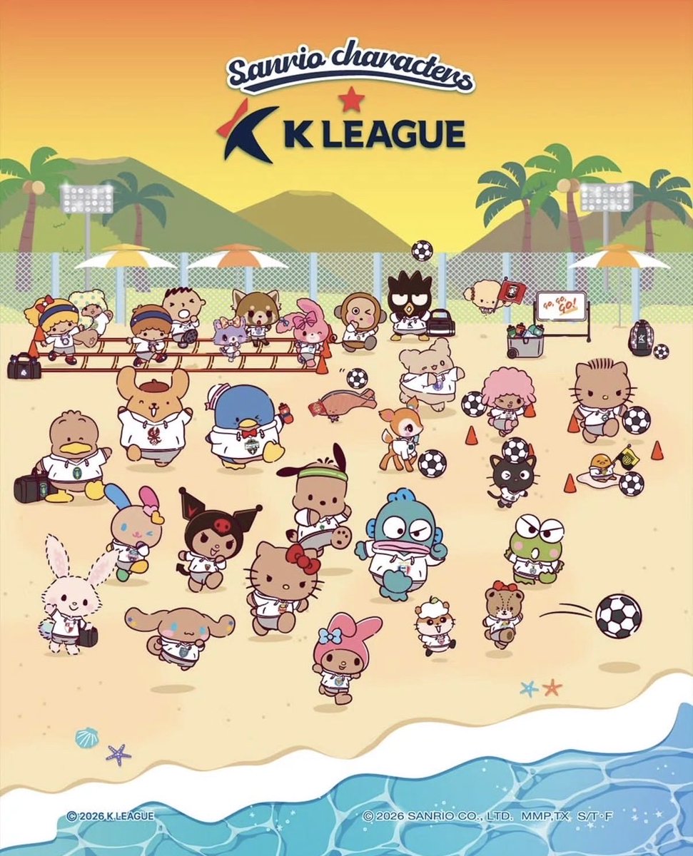 sanrio_fan_jp's tweet photo. 韓国情報＼Kリーグ × サンリオキャラクターズ コラボ決定⚽✨／

韓国のプロサッカーリーグ「Kリーグ」とサンリオの2026年コラボビジュアルが公開されました！

今回は夏らしくこんがり日焼けした仕様のキティやクロミたちが、各クラブのユニフォーム姿を披露。ポップアップやグッズの続報にも期待です。

#サンリオ #Kリーグ #KLEAGUE