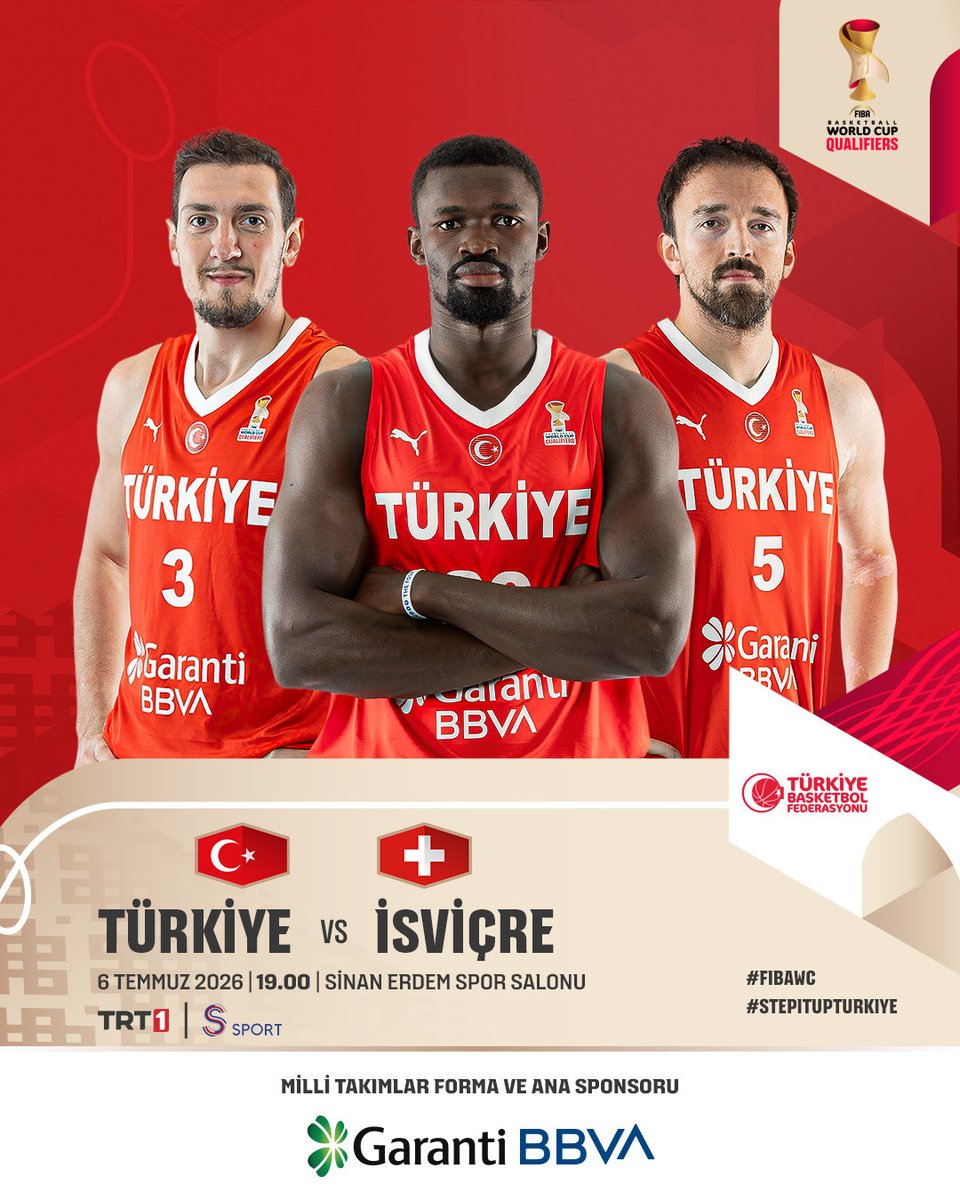 TBF's tweet photo. MAÇ GÜNÜ! 🇹🇷

12 Dev Adam, FIBA 2027 Basketbol Dünya Kupası Elemeleri C Grubu son maçında İsviçre’yi ağırlıyor. 🏀

🇹🇷 Türkiye-İsviçre 🇨🇭
🏟️ Sinan Erdem Spor Salonu
📆 6 Temmuz 2026, Pazartesi 
⏰ TSİ 19.00
📺 TRT1 & S Sport

@GarantiBBVA 

#BizBirlikteyiz

#FIBAWC x #StepItUpTürkiye