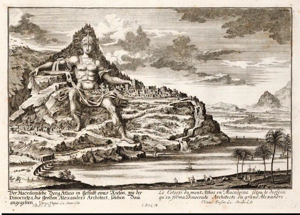 archeohistories's tweet photo. Alexander the Great's architect, Dinocrates of Rhodes, proposed one of the most ambitious monuments ever conceived: carving the entire Mount Athos into a colossal statue of Alexander. 

According to the Roman architect Vitruvius, the design showed Alexander holding a city in one hand while the other held a giant bowl to collect mountain streams, creating a self-supplying water source. Alexander admired the proposal but asked a practical question: where would the city's inhabitants grow their food? 

When Dinocrates admitted he had not considered agriculture, Alexander rejected the project, believing that even the grandest city could not survive without fertile land. 

He later entrusted Dinocrates with designing Alexandria in Egypt, whose location was chosen for its excellent harbor, access to the Nile, fertile surroundings, and strategic position on Mediterranean trade routes.

#archaeohistories