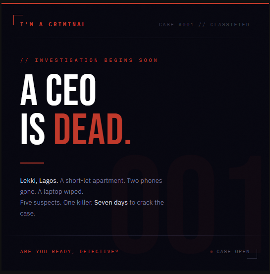 ImACriminalNG's tweet photo. CASE 001: A THREAD 🧵
MONDAY MORNING, LAGOS: The body of Emeka Osei-Bonsu (52), CEO of QuikCash Nigeria, has been discovered in a Lekki Phase 1 short-let apartment. Sources say he was found with a single stab wound. https://t.co/yBkObennag