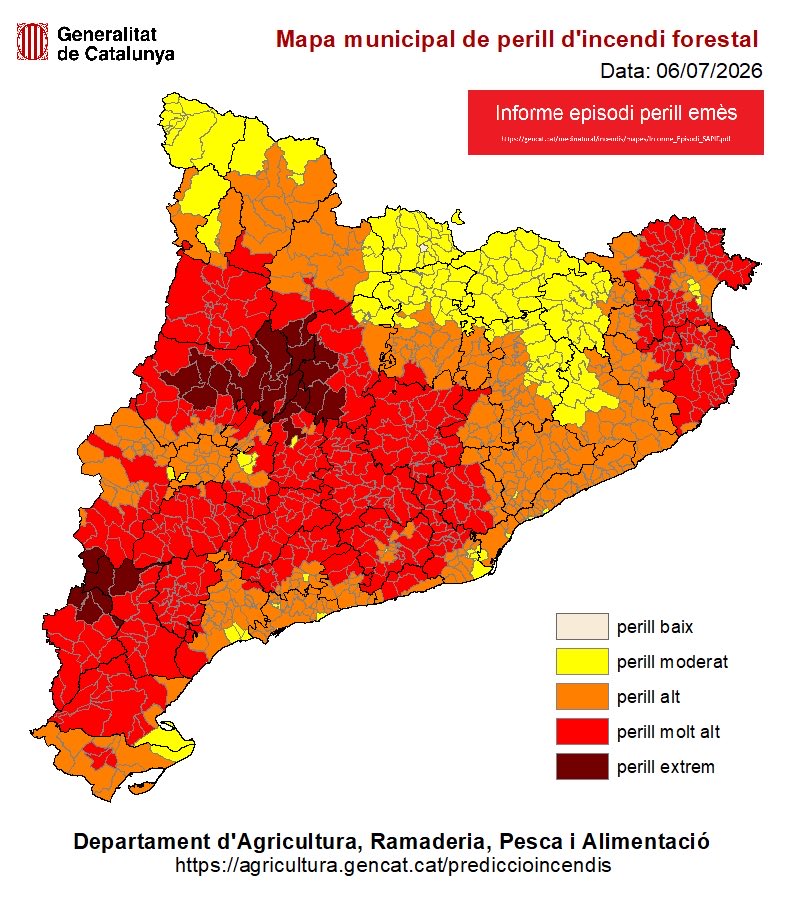 agriculturacat's tweet photo. 📍Avui el perill d’incendi forestal arriba, per primer cop, al nivell extrem.

⚫️ 25 municipis amb perill extrem
🔴 401 municipis amb perill molt alt
🟠 381 municipis amb perill alt

⚠️ Molta precaució. Evita qualsevol activitat que de risc.

📞 Si veus foc o fum, truca al @112. https://t.co/Kx1Ekh7MMX