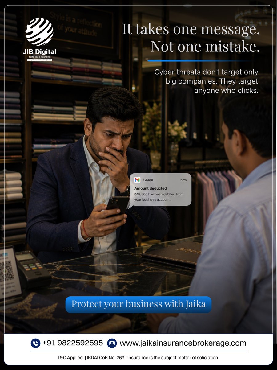 JaikaInsurance's tweet photo. A phishing email, one bad link, a few minutes , that's all it takes for a business to lose lakhs. Most owners think "it won't happen to me" until it does.๐ป๐
Secure your business with jaika insurance today !
๐ +91 9822592595
#CyberInsurance #BusinessSafety #JaikaInsurance https://t.co/53wgK5Qs7v