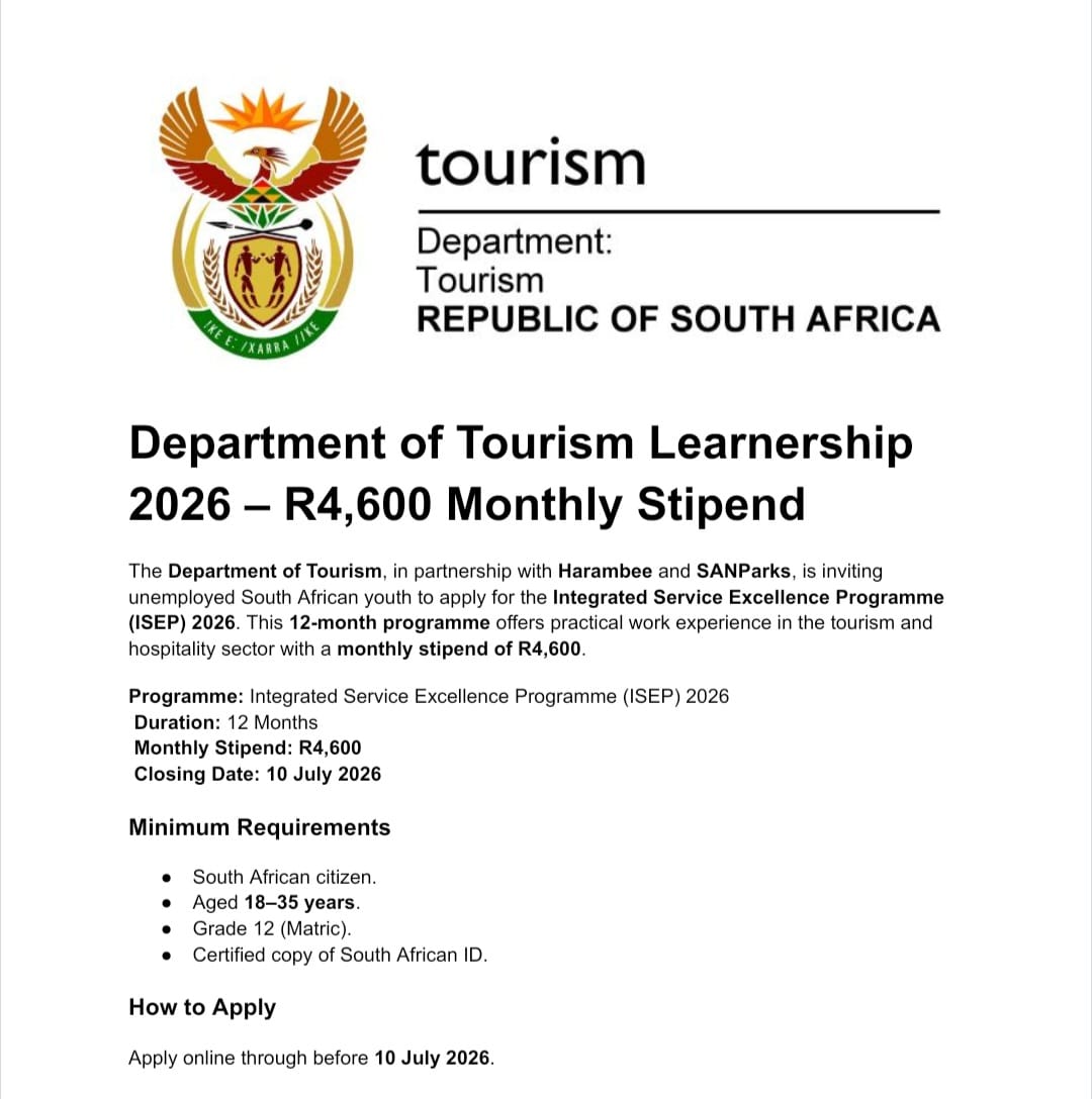 tumelo_br's tweet photo. 🌍 Department of Tourism ISEP Learnership 2026 – Apply Now!

The Department of Tourism,  unemployed youth for Learnership. 

💰 Stipend: R4,600 per month
📅 Duration: 12 months
✅ South African citizen
✅ Grade 12 (Matric)
📅 Closing Date: 10 July 2026

https://t.co/7bq86r5ue4 https://t.co/2wyNYPgmKc