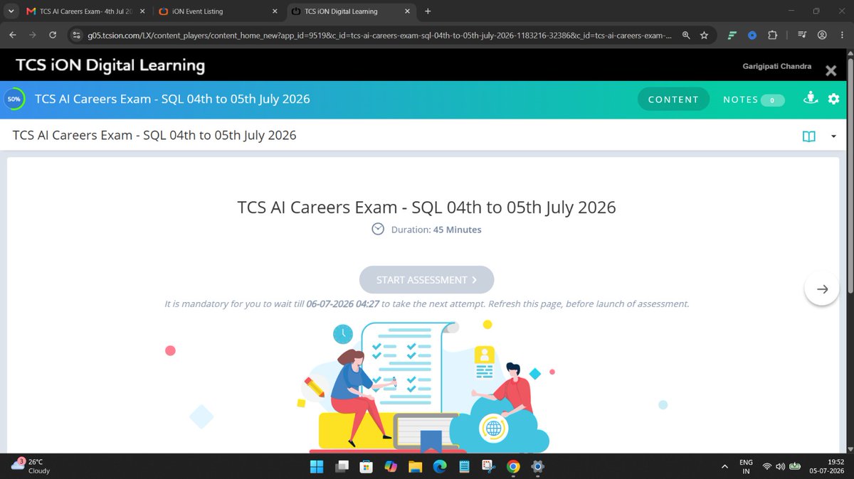 Rrc1998's tweet photo. I completed my Python exam and 50% of the SQL exam yesterday in the TCS AI Careers assessment. It showed I could continue the remaining 50% after 4:27 on 06/07/2026, but today it says "Exam Ended." Please check and help me complete the remaining SQL exam. #TCS #AICareers @TCS https://t.co/jLYlJJsQvc