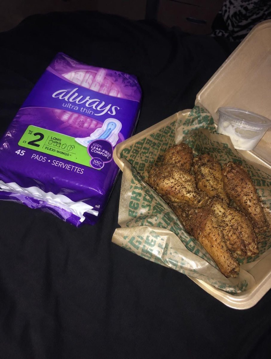 Nexiraluv's tweet photo. I asked my man to bring me pads … WITH WINGS 🤦🏾‍♀️ … nvm a win is a win 🤣 https://t.co/jiswIDl5CW