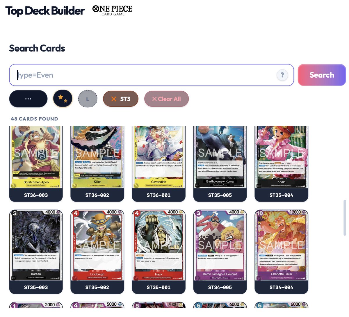 one piece tcg deck builder Hello, We uploaded all the new ST cards (31~36) to the website and deck  builder. 5 new cards for each ST, the remaining are reprints, you can check  out the reprints on
