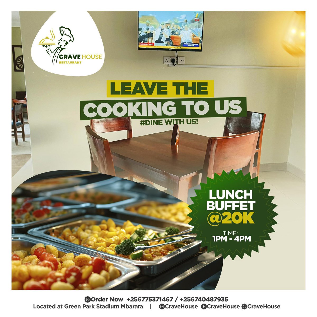 CraveHouse2's tweet photo. Don't stress about cooking lunch today - let us take care of it for you! Order our amazing lunch buffet for delivery from #CraveHouseRestaurant @greenparkug . Call now on +256775371467 🚚😋 https://t.co/5uR2wN67zS