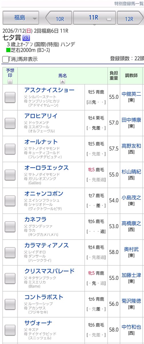 JRAVAN_info's tweet photo. 【#七夕賞 ハンデ】🏇トップハンデはカラマティアノスとサヴォーナの58kg、🏇最軽量はカネフラの53kg。🏇バトルボーンは57kgとなりました。📢 https://t.co/u378NZFcXA