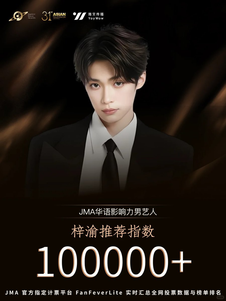 FanFeverLite's tweet photo. #Ziyu
🏆JMA木星音乐奖荣耀战报 
梓渝JMA华语影响力男艺人 
投票指数成功突破十万，万千喜爱凝聚亮眼战绩！  

推选通道持续开放，排名实时变动，持续助力冲刺更高成绩~ 
 @FanFeverLite   整合全渠道投票数据，实时查看各奖项汇总榜单📌
https://t.co/f4ITNIhllQ

#梓渝 #จื่ออวี๋ https://t.co/nctLh7Se7m