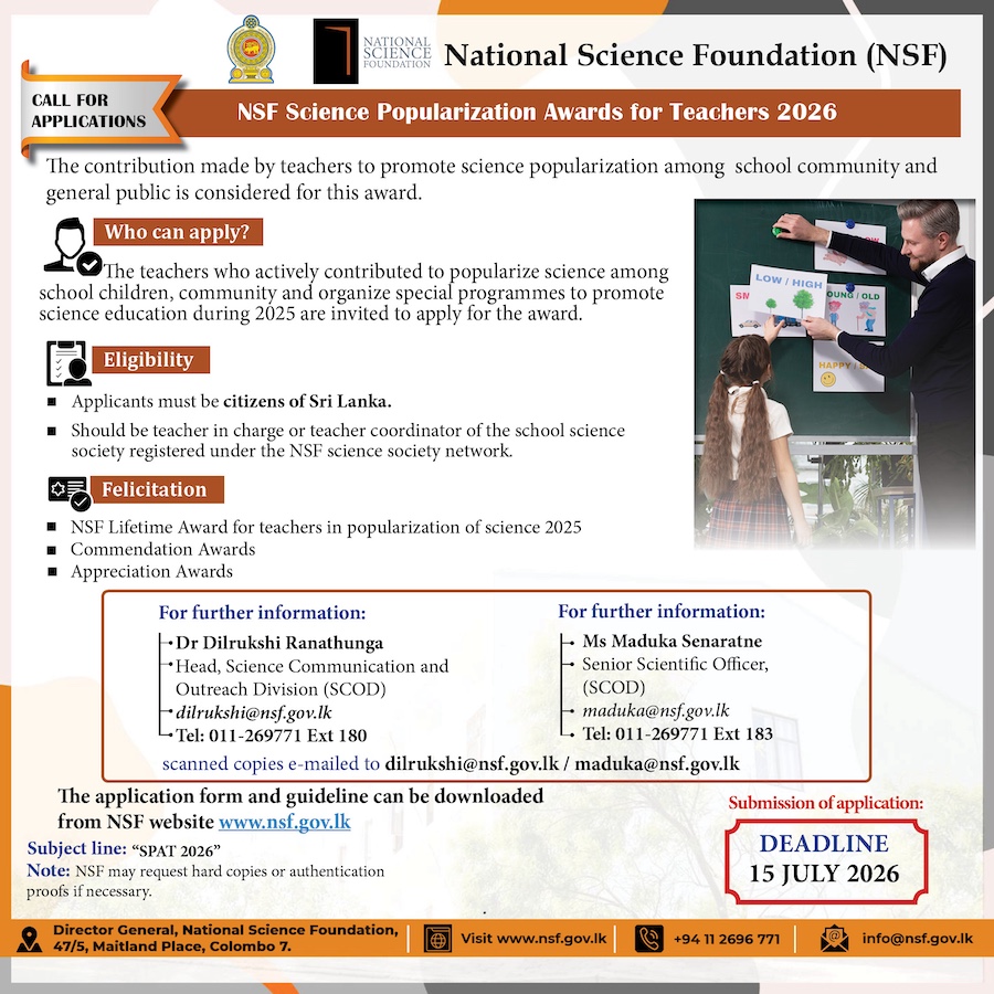 NSFSriLanka's tweet photo. Calling Applications for NSF Science Popularization Award for Teachers 2026 https://t.co/TnXWG3DUDx https://t.co/P68X3KvTF8