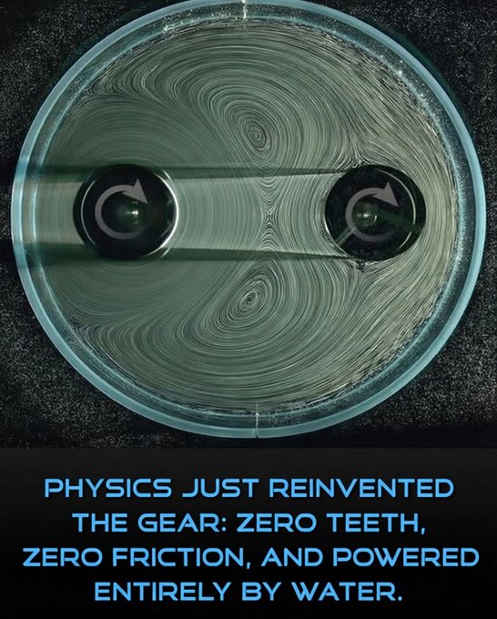 Rainmaker1973's tweet photo. Scientists have reinvented the gear for the first time in 5,000 years.

How? By swapping out solid mechanical teeth for dynamic fluid flows.

For thousands of years, machines have depended on the exact meshing of physical gear teeth to transmit motion—a principle originating in ancient China that still suffers from issues like wear, contamination by debris, and misalignment.

Now, researchers at New York University have developed an innovative "fluid gear" system that removes these mechanical contact points entirely. By submerging rotors in a carefully chosen liquid, the team showed that a driven rotor can create precisely controlled fluid currents to spin a passive rotor. This setup mimics traditional gears or pulleys without any direct physical contact, using the liquid itself as invisible, wear-proof "teeth."

What makes this breakthrough especially powerful is its flexibility: unlike fixed metal gears, these fluid-based mechanisms can dynamically adjust their speed ratios and even switch rotation directions on demand. Simply by varying the gap between rotors or the flow velocity of the liquid, the system can shift from counter-rotating like classic gears to co-rotating like a belt-and-pulley drive.

This advancement promises major improvements in robotics, precision machinery, and other fields by offering a robust, jam-resistant alternative to conventional mechanical components. The research, published in Physical Review Letters, points to a future where complex machines might transmit power through flowing liquids rather than clashing metal.

["Hydrodynamic Spin-Coupling of Rotors", 
J. Zhang et al., Phys. Rev. Lett. 136, 084001 (2026).
DOI: 10.1103/PhysRevLett.136.084001]