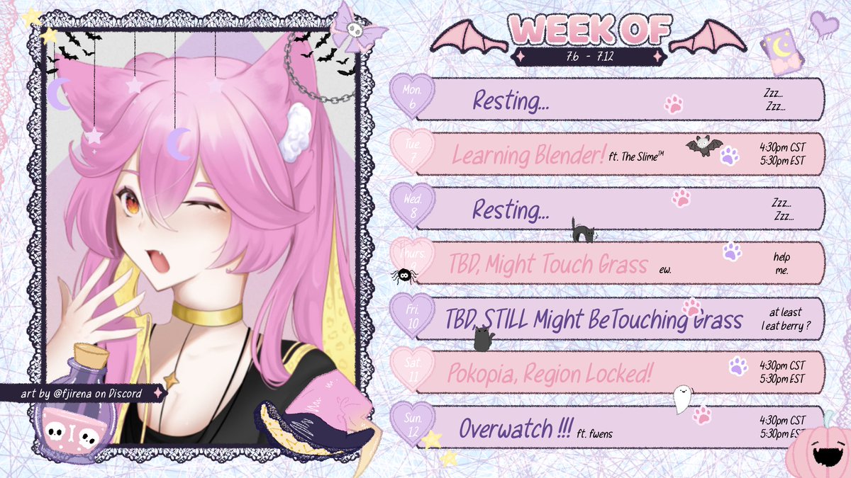 rika_vt's tweet photo. The new scccchedule for this week, friends! Bit busy, gonna do some editing and I’m being forced to socialize outside on the TBD days.. yuck… also ignore this 2am tweet on my end https://t.co/r37844wanI