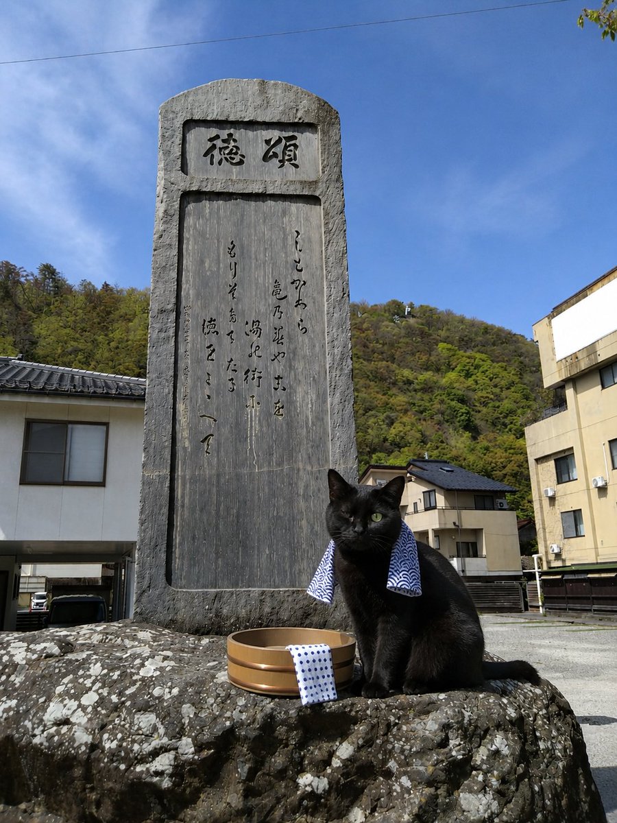 stiiistones's tweet photo. 【黒猫ジャックの石造巡礼】

中央公園にある温泉功労者頌徳碑。
昭和40年の建立だ。

碑には、
「しもがわら 亀のみやこを湯の街へ」
と刻まれている🐢

下河原と呼ばれた千曲川の河原。
亀のいた場所を掘ったら湯が湧き、やがて温泉街が形成された。
この街の歴史だ♨️

碑には功労者12名の氏名が刻まれている。
黒猫のジャックも、河原のいで湯を楽しんできたようだ🐈‍⬛🐾
#上山田温泉 #頌徳碑 #中央公園 #昭和 #黒猫 #ジャック #石造巡礼60