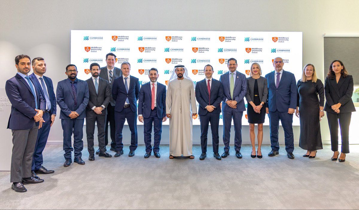MiddlesexDubai's tweet photo. Middlesex University Dubai is pleased to announce the signing of a Memorandum of Understanding with Cambridge Health Group, establishing a strategic partnership to advance healthcare education, research, innovation, and workforce development.

The signing ceremony was held at our campus and attended by senior leaders, including Dr Ali Saeed bin Harmal Aldhaheri, Chairman of Cambridge Health Group.

By bringing together academic excellence and clinical expertise, the partnership will drive joint research, digital health innovation, talent development, and knowledge exchange, creating new opportunities for students, academics, and healthcare professionals.

Together, we are committed to developing future-ready talent, accelerating innovation, and contributing to the continued advancement of healthcare across the United Arab Emirates, the Kingdom of Saudi Arabia, and the wider region. 

@cambridge_hg
