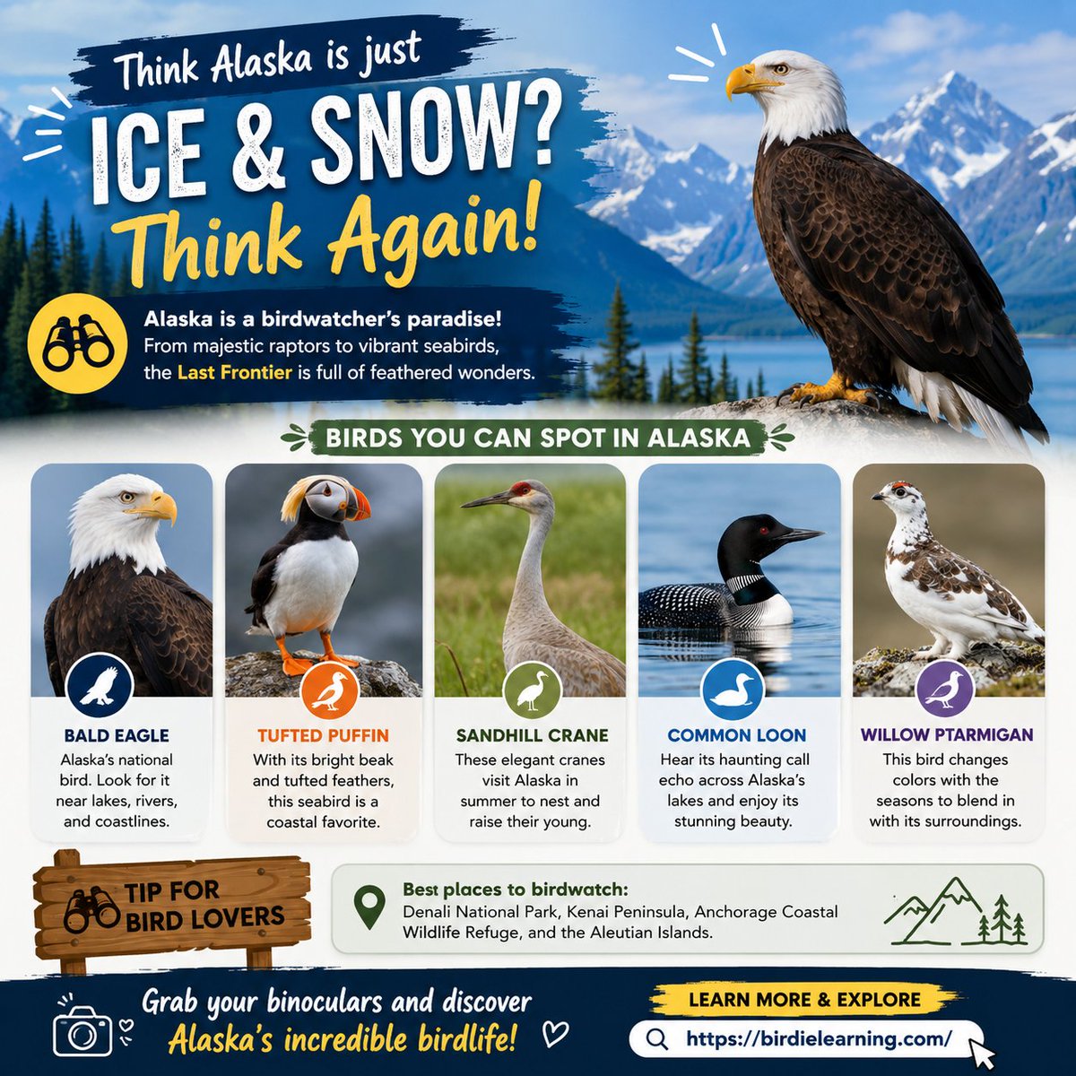 birdielearning's tweet photo. 🦅 Think Alaska is just ice and snow? Think again!

Alaska is home to spectacular birds like the Bald Eagle, Tufted Puffin, Common Loon, and more. Discover why it's a paradise for bird lovers.

Read more:
 https://t.co/TQqan583ZX

#BirdsOfAlaska #BirdWatching #Alaska #Wildlife https://t.co/tZSWl9rUwp