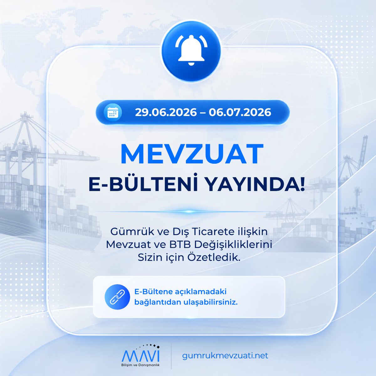 Mavi_Bilisim's tweet photo. Gümrük ve Dış Ticaret Gelişmeleri
29.06.2026 - 06.07.2026 dönemine ait Mevzuat ve BTB değişikliklerini sizin için derledik.

Detaylı bilgi için bültenimizi inceleyebilirsiniz:
🌐https://t.co/Yk5mGvsP16

#mavibilisim #gümrükmevzuatı #mevzuat #disticaret #gümrük #gtip #BTB https://t.co/r8JDG6RCTI