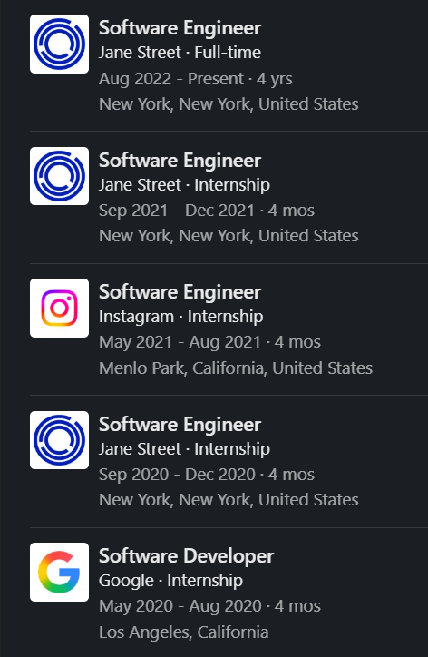 HelloVyom's tweet photo. mf did 2 internships at Jane Street, 1 at Instagram, Google, Fair and 2 at Microsoft 😭😭😭 https://t.co/fZn5ojQbVH