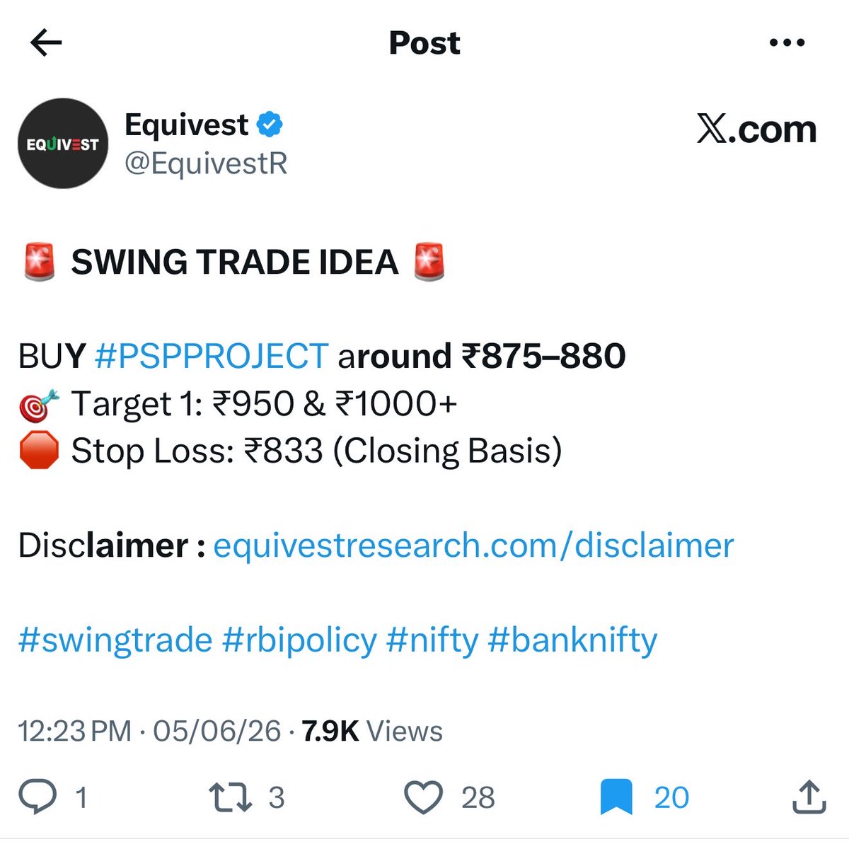 EquivestR's tweet photo. π #PSPPROJECT β One of my favourite #stocks! π
β
Shared on #X : 05 Jun @ βΉ875
β
Shared again on #X: 24 Jun @ βΉ970
π Today: βΉ1111 π₯
π° +27% from the first #X recommendation
π° +15% from the second #X recommendation
Want more multibagger ideas? π
Follow me on X & turn ON notifications! π
#StockMarket #Investing #Multibagger #PSPPROJECT #EquivestResearch #IndianStocks