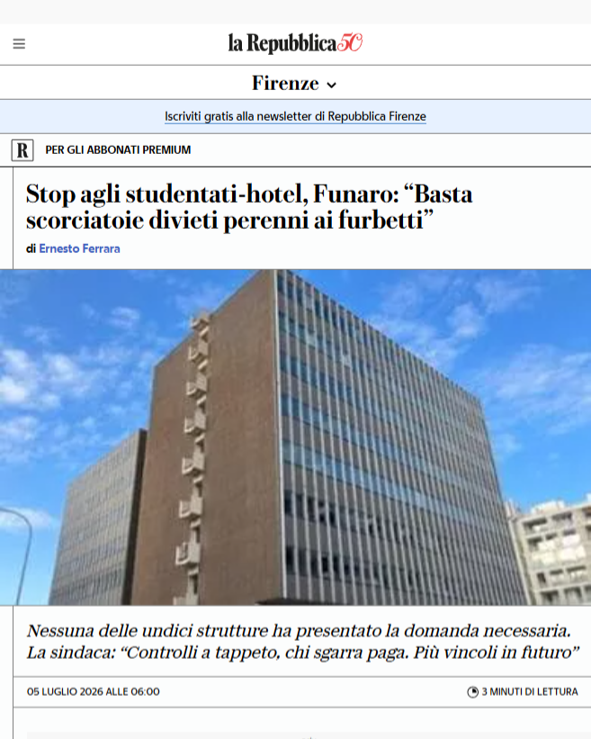 FI_Possibile's tweet photo. Nessuno tra gli undici #studentati oggi attivi in città risulta aver inviato agli uffici comunali la comunicazione necessaria per usare per due mesi all’anno la struttura come casa per ferie, cioè come un hotel. E nessuno di loro, quindi, ha nemmeno mai messo a disposizione il 30% delle #camere ad #affitto calmierato per #studenti, come imporrebbero le norme del Piano operativo vigenti da un anno.

Significa che Camplus, Florence X e gli altri che affittano camere su Booking da inizio dell’anno, lo stanno facendo in modo abusivo.

L’atteggiamento dei gestori degli studentati non aiuta: nessuno ha dichiarato di fare l’attività turistica per due mesi quando in realtà tantissimi se non tutti la fanno. Nessuno di loro ha messo a disposizione il 30% di camere, o il 20% in caso non facciano il bimestre turistico. E a onor del vero nemmeno il Comune si è ancora organizzato con un ufficio per gestire la procedura. 

#Turismo vuol dire ricchezza solo per i fondi: secondo l’Irpet il 37% dei lavoratori del turismo in #Toscana è sotto la soglia di #povertà.

https://t.co/3IJmQYnEnB

#Firenze