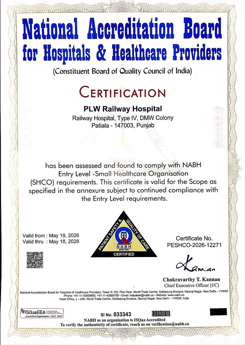 PLWPatiala's tweet photo. PLW Rail Hospital has created landmark milestone by achieving NABH Entry Level Accreditation. Under the kind guidance of PCAO/PLW, it reflects the extraordinary efforts of PCMO/PLW and his entire team for their commitment to provide quality health care to PLW employees.#IndRail https://t.co/8evNINIoWh
