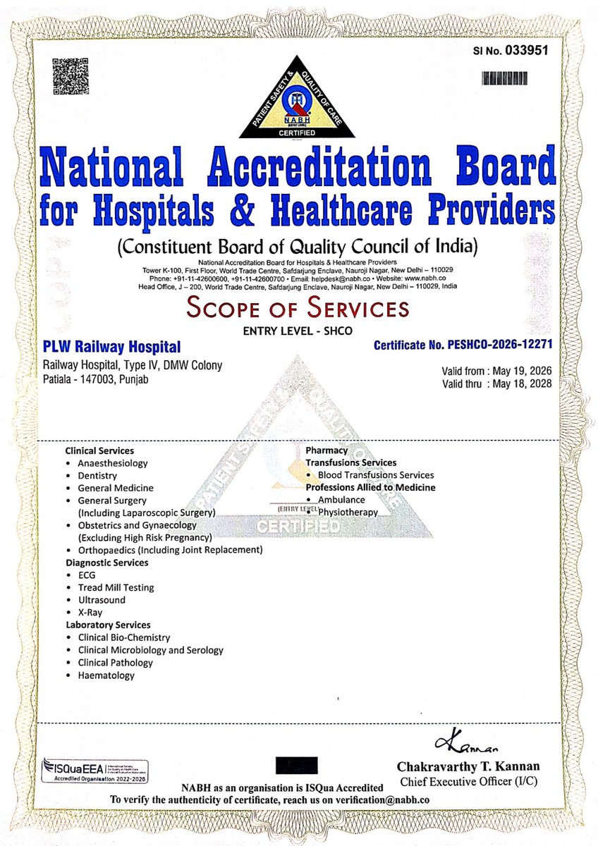 PLWPatiala's tweet photo. PLW Rail Hospital has created landmark milestone by achieving NABH Entry Level Accreditation. Under the kind guidance of PCAO/PLW, it reflects the extraordinary efforts of PCMO/PLW and his entire team for their commitment to provide quality health care to PLW employees.#IndRail https://t.co/8evNINIoWh
