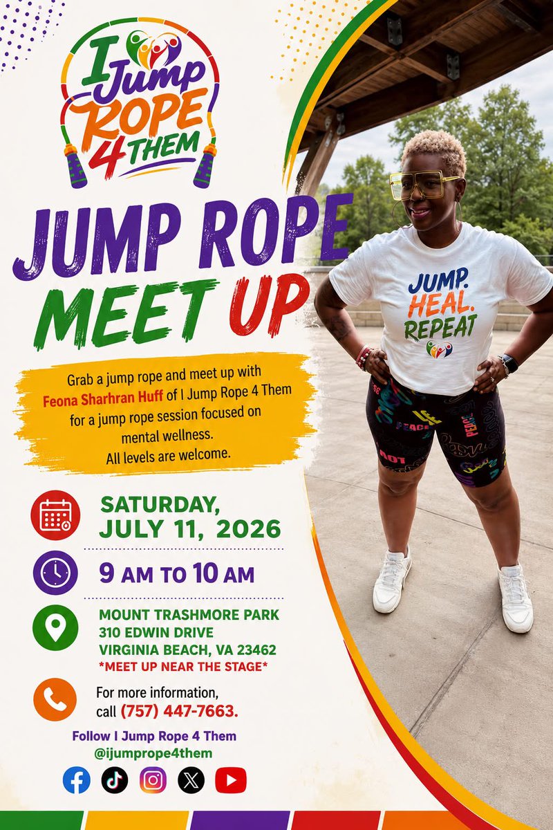 selfesteemqween's tweet photo. Hey All!!!! 

I am super excited to announce my first “Jump Rope Meet Up” for my mental wellness advocacy initiative @ijumprope4them. It’s going down July 11th at 9 am. 

See the flyer for details. I hope to see you there! Be sure to share. 💚🙌🏾😊 https://t.co/ojDidwCT6j