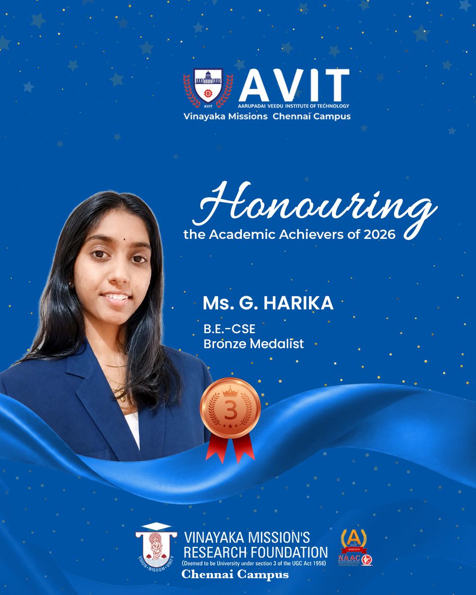 AVITChennai's tweet photo. Congratulations to the rank holders for reaching this well-deserved milestone
#avit #vmrfdu #cse #convocation #bronzemedalist https://t.co/sgRvPLSJHx