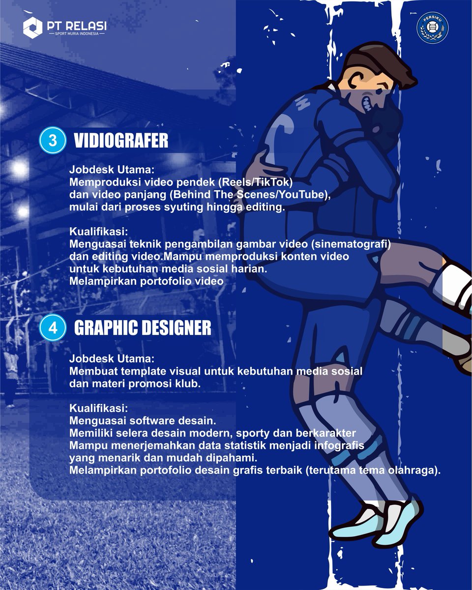 4EverInSports's tweet photo. #LokerInSports: Buat kamu yang tertarik dengan dunia media sepakbola.

@PERSIKU_Kudus sedang mencari beberapa kandidat untuk bergabung ke tim media mereka.

Kirim CV &amp; Portofolio terbaikmu melalui:
📨 ptrelasisportmuriaindo@gmail.com https://t.co/WI0JsA6kJn