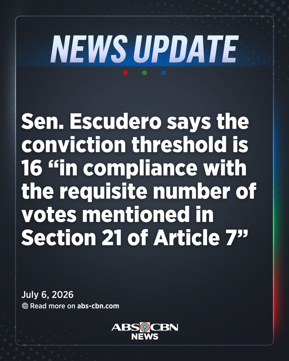 ABSCBNNews's tweet photo. Senator Francis Escudero says the conviction threshold is 16 — “Without a tinge of doubt, 2/3 of the figure or not less than 16 members is unquestionable compliance with the requisite number of votes mentioned in Section 21 of Article 7.” | via @victoriatulad 

Visit https://t.co/BkOVG1irno for the latest updates on #VPOnTrial.