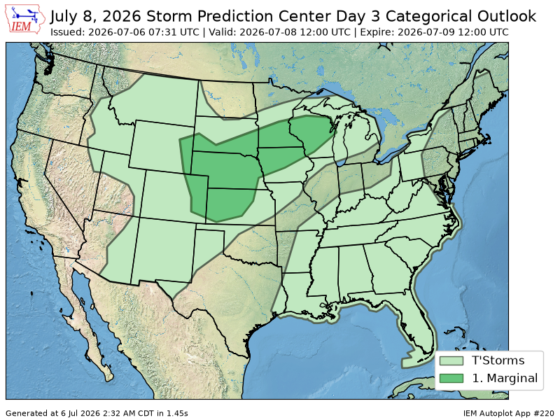 WCCH2024's tweet photo. The Storm Prediction Center issues Day 3 Convective Outlook (Max Risk: Marginal) at Jul 6, 7:31z https://t.co/LINwyqICOg https://t.co/nBOZZfij4n