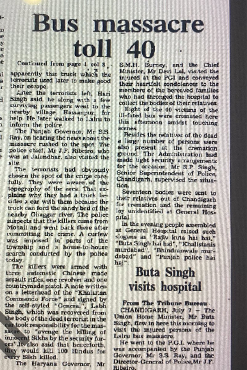 proudhindu_live's tweet photo. 6.7.1987- Lalru (Patiala)- 40 Hindus were brutally killed by Khalistani Sikh terrorists on this day in Haryana Roadways bus no. bus no. HYE 1735, which left Chandigarh for Rishikesh at 8.55 in night. There were 73 passengers in the bus. Near Dera Bassi, a Fiat car DBB 7866 overtook it and stopped in front of bus. As soon as bus stopped, the terrorists took control of the bus and drove it for 7-8 kms. on Chandigarh- Delhi G.T.Road. Near Jalalpur, they took bus on Link Road and took it behind LPG Bottling plan Lalru. Driver Hari Singh was the only one Sikh in the bus. Terrorists left him alone and started firing indiscriminately on all Hindu passengers inside the bus. When many passengers tried to hide below seats to escape bullets, those Haramzade “Soormas” checked each and ever passenger and shot him. Even infants, young children and women were also not spared. Bullets fired by  one terrorist from front door, hit their accomplice who was killing Hindus near back order. Then only the terrorists stopped killing Hindu passengers and left in their car and another Jeep which was already waiting for them there. 36 Hindus were killed on spot and 37 were seriously injured, of which 4 passed away in PGI Chandigarh. The place where this massacre took place, is about 30 kms. from Chandigarh. 

2) Will @diljitdosanjh  or @HoneyTrehan or @RonnieScrewvala make a film on these brutal killings? Will the Hindu hating ecosystem ever acknowledge these killings? Will those Hindus who are standing in support of propaganda movie Satluj open their mouth on these atrocities? Will @BJP4India @RSSorg  and @narendramodi who have recently developed lot of love for radicals, say anything  on this incident of targeted killing? 

3. Homage to 40 Hindu martyrs on their martyrdom day. These Hindus were killed in cold blood because of their religion. 🙏🏻🙏🏻