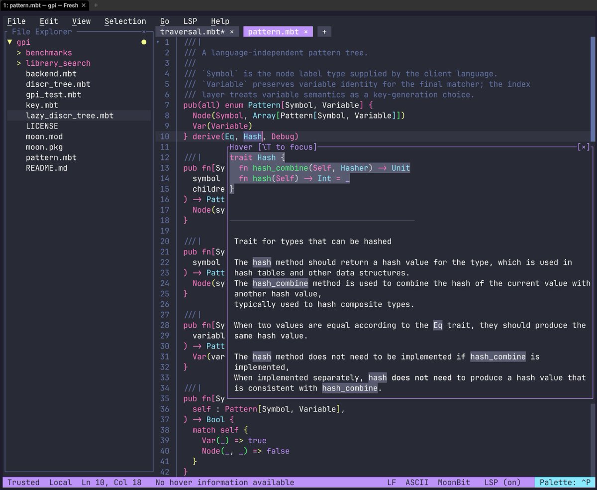 HydrangeaKokic's tweet photo. "To do a good job, one must first sharpen one's tools." Now, MoonBit users can enjoy full syntax highlighting and language server capabilities on a terminal-based code editor called `fresh`. 

https://t.co/s5JhHIvrOH

#moonbit #moonbitlang https://t.co/GWIa4vSbx2