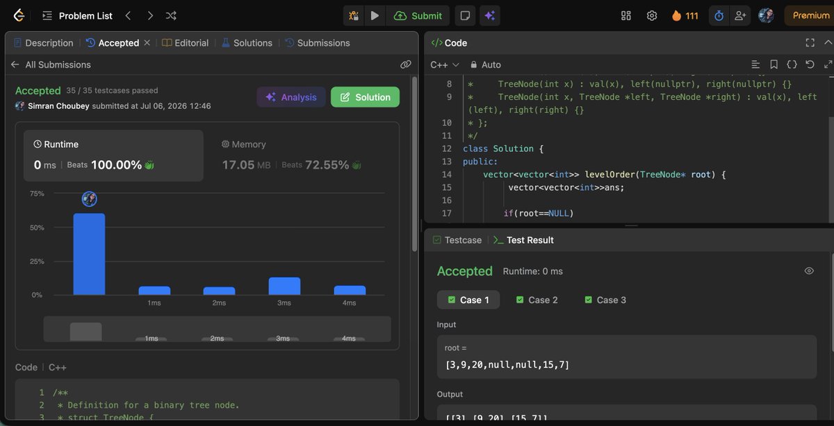 SimranKuma76498's tweet photo. 🔥 Day 36/45 – #SDESheetChallenge

✅ Level Order Traversal
✅ Maximum Depth of Binary Tree
✅ Diameter of Binary Tree
✅ Check for Balanced Binary Tree
Growing deeper into trees. 🌳⚡
@striver_79
@takeUforward_
#DSA #Java #LearnInPublic https://t.co/KXbFRJ1Vcj