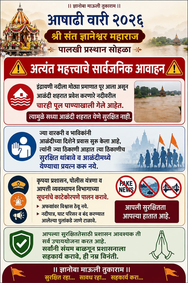 Info_Pune's tweet photo. वारकरी व भाविकांना
आवाहन...
#आषाढीवारी२०२६
श्री संत ज्ञानेश्वर महाराज पालखी प्रस्थान सोहळा.
आळंदीच्या दिशेने प्रवास करणाऱ्या वारकरी व भाविकांनी ज्या ठिकाणी आहात त्या ठिकाणीच सुरक्षित थांबावे व आळंदीकडे येण्याचा प्रयत्न करू नये.
#Pune
#आळंदी
#RainUpdates
#Indrayani https://t.co/SbqfBgqJOv